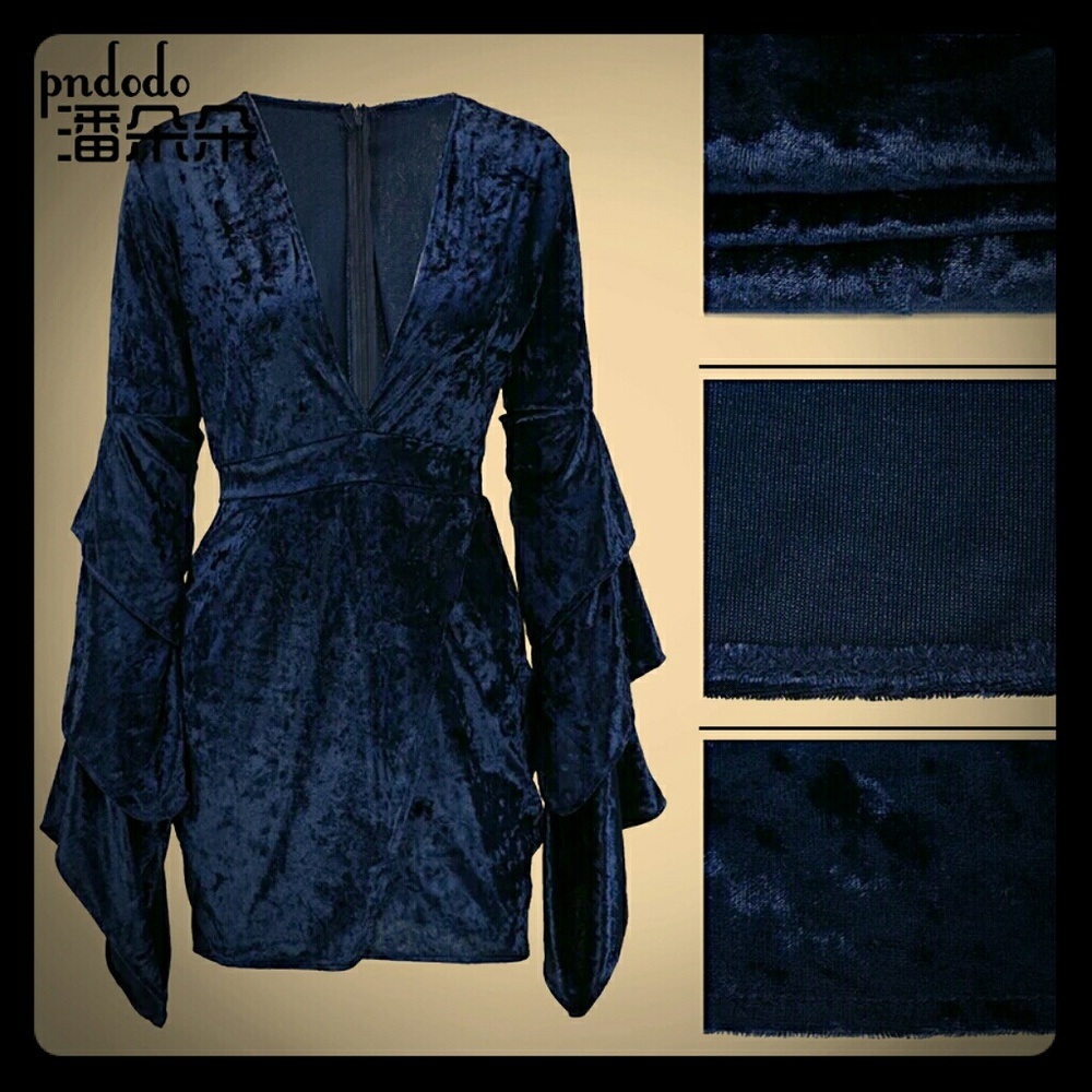 Blue Velvet Deep V-Neck Ruffl Bell Sleeve Mini Dre